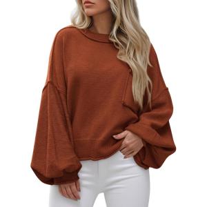 BTFBM Women Oversized Sweater Fall Lantern Long Sleeve Crewneck Winter Outfits Casual Ribbed Knit Pullover Tops 2025(Brown Orange)