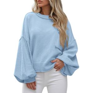 BTFBM Women Oversized Sweater Fall Lantern Long Sleeve Crewneck Winter Outfits Casual Ribbed Knit Pullover Tops 2025(Light Blue)