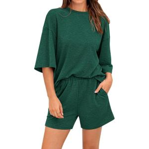 BTFBM Women Summer 2 Piece Outfits 2025 Spring Matching Set Short Sleeve Tops Elastic Waist Shorts Lounge Sets Pocket(Green)
