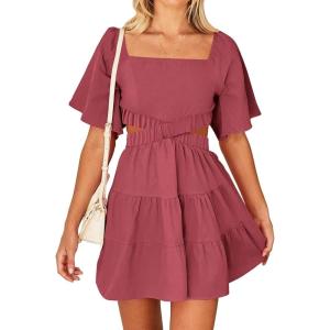 BTFBM Women Summer Dresses 2023 Square Neck Short Sleeve Cutout Crossover Waist Casual Party Tiered A-Line Mini Dress(Solid Bean Paste Red)