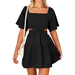 BTFBM Women Summer Dresses 2023 Square Neck Short Sleeve Cutout Crossover Waist Casual Party Tiered A-Line Mini Dress(Solid Black)