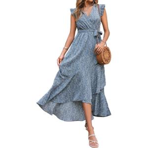 BTFBM Women Summer Floral Boho Maxi Dresses 2026 Vacation Ruffle Sleeve V Neck Belt Wrap Wedding Guest Spring Beach Dress(Floral Blue)