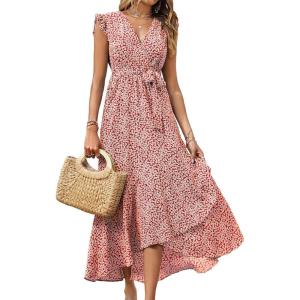 BTFBM Women Summer Floral Boho Maxi Dresses 2026 Vacation Ruffle Sleeve V Neck Belt Wrap Wedding Guest Spring Beach Dress(Floral Print Red)