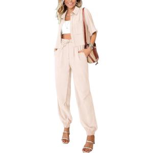 BTFBM Women’s 2025 Summer 2 Piece Outfits Tracksuit Short Sleeve Cropped Button Down Shirt Long Pant Lounge Matching Set(Beige)