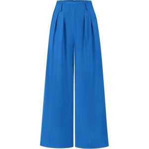 BTFBM Women’s Elegant Flowy Dress Pants Front Pleated High Waisted Casual Wide Leg Loose Palazzo Trousers with Pockets(Blue)