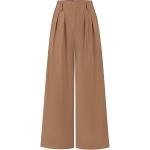 BTFBM Women’s Elegant Flowy Dress Pants Front Pleated High Waisted Casual Wide Leg Loose Palazzo Trousers with Pockets(Khaki)