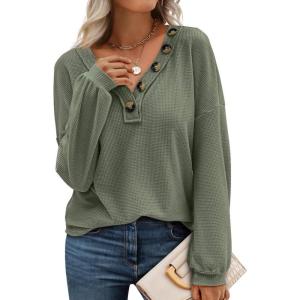 BTFBM Womens Fall Fashion 2025 Long Sleeve Shirts Spring V Neck Loose Casual Deco Button Lightweight Waffle Knit Tops(Army Green)