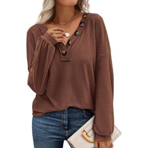 BTFBM Womens Fall Fashion 2025 Long Sleeve Shirts Spring V Neck Loose Casual Deco Button Lightweight Waffle Knit Tops(Brown)