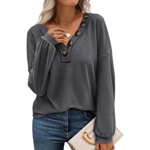 BTFBM Womens Fall Fashion 2025 Long Sleeve Shirts Spring V Neck Loose Casual Deco Button Lightweight Waffle Knit Tops(Dark Grey)