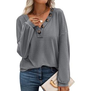 BTFBM Womens Fall Fashion 2025 Long Sleeve Shirts Spring V Neck Loose Casual Deco Button Lightweight Waffle Knit Tops(Light Grey)