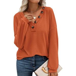 BTFBM Womens Fall Fashion 2025 Long Sleeve Shirts Spring V Neck Loose Casual Deco Button Lightweight Waffle Knit Tops(Orange)