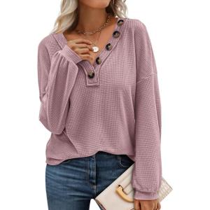 BTFBM Womens Fall Fashion 2025 Long Sleeve Shirts Spring V Neck Loose Casual Deco Button Lightweight Waffle Knit Tops(Pink)