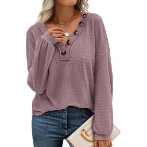 BTFBM Womens Fall Fashion 2025 Long Sleeve Shirts Spring V Neck Loose Casual Deco Button Lightweight Waffle Knit Tops(Purple)