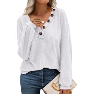 BTFBM Womens Fall Fashion 2025 Long Sleeve Shirts Spring V Neck Loose Casual Deco Button Lightweight Waffle Knit Tops(White)