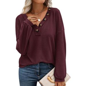 BTFBM Womens Fall Fashion 2025 Long Sleeve Shirts Spring V Neck Loose Casual Deco Button Lightweight Waffle Knit Tops(Wine Red)