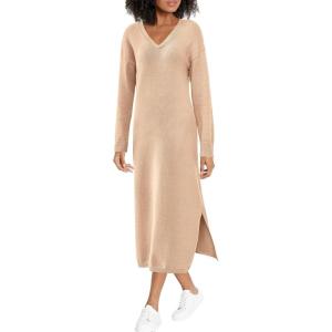 BTFBM Womens Fall Fashion 2025 Sweater Dress Casual V Neck Long Sleeve Slit Knit Oversized Sweaters Winter Maxi Dresses(Beige)