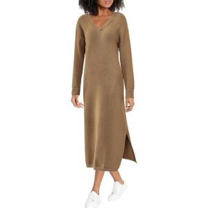 BTFBM Womens Fall Fashion 2025 Sweater Dress Casual V Neck Long Sleeve Slit Knit Oversized Sweaters Winter Maxi Dresses(Dark Khaki)
