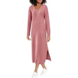 BTFBM Womens Fall Fashion 2025 Sweater Dress Casual V Neck Long Sleeve Slit Knit Oversized Sweaters Winter Maxi Dresses(Pink)