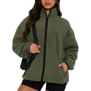 BTFBM Women’s Fleece Jackets Fall Winter Clothes 2025 Stand Collar Outwear Jacket Zip Up Casual Fuzzy Coats Pockets(Army Green)