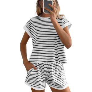 BTFBM Womens Striped Knit Sets 2 Piece Outfits 2025 Summer Short Sleeve Tops Elastic Waist Shorts Lounge Sets Pockets(White Black)