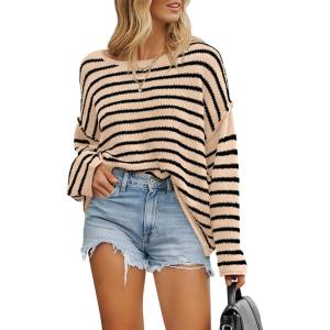 BTFBM Women’s Striped Knit Sweaters 2026 Spring Fall Boat Neck Off Shoulder Long Sleeve Oversized Casual Pullover Tops(Striped Apricot Black)