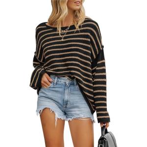BTFBM Women’s Striped Knit Sweaters 2026 Spring Fall Boat Neck Off Shoulder Long Sleeve Oversized Casual Pullover Tops(Striped Black Khaki)
