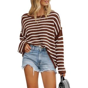 BTFBM Women’s Striped Knit Sweaters 2026 Spring Fall Boat Neck Off Shoulder Long Sleeve Oversized Casual Pullover Tops(Striped Coffee White)