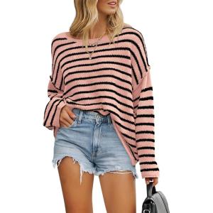 BTFBM Women’s Striped Knit Sweaters 2026 Spring Fall Boat Neck Off Shoulder Long Sleeve Oversized Casual Pullover Tops(Striped Pink Black)