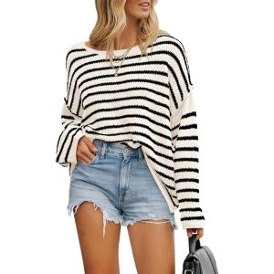 BTFBM Women’s Striped Knit Sweaters 2026 Spring Fall Boat Neck Off Shoulder Long Sleeve Oversized Casual Pullover Tops(Striped White Black)