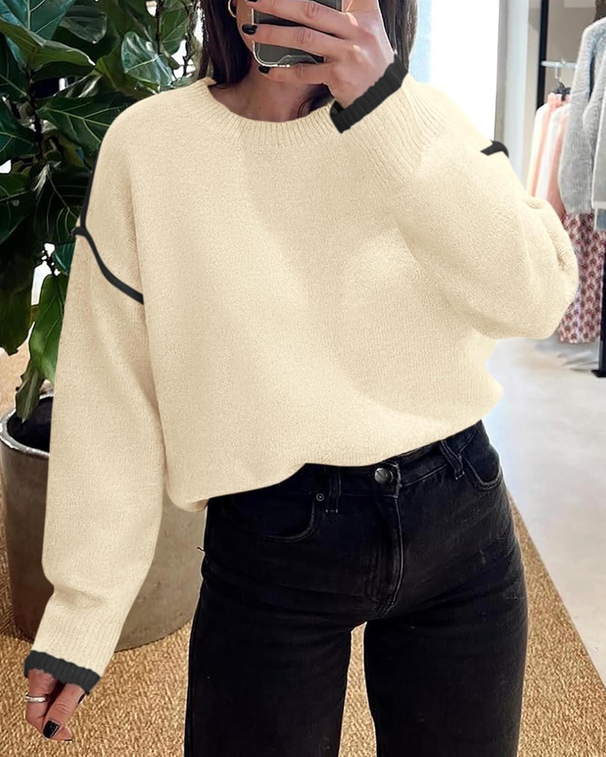imageBTFBM Fall Sweaters for Women 2025 Trendy Casual Crew Neck Long Sleeve Loose Ribbed Knit Sweater Pullover Jumper TopsSolid Beige