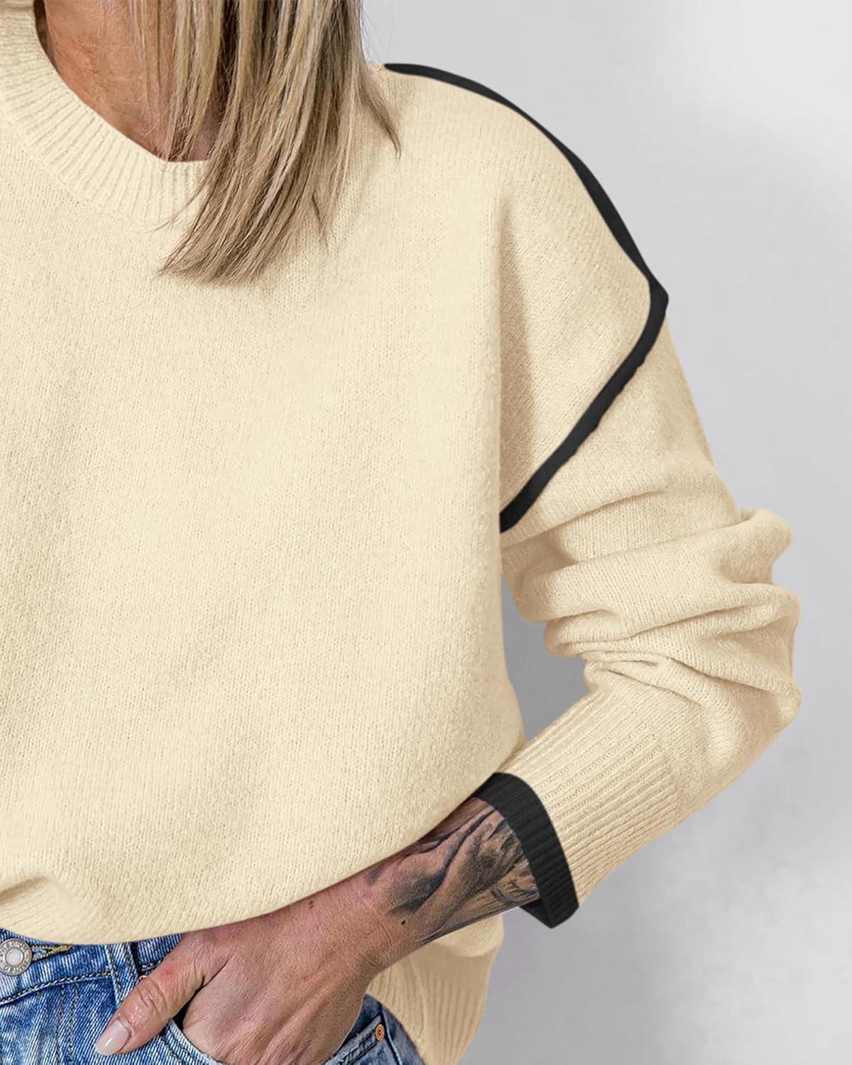 imageBTFBM Fall Sweaters for Women 2025 Trendy Casual Crew Neck Long Sleeve Loose Ribbed Knit Sweater Pullover Jumper TopsSolid Beige