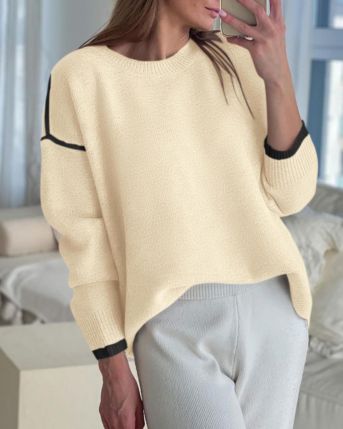 imageBTFBM Fall Sweaters for Women 2025 Trendy Casual Crew Neck Long Sleeve Loose Ribbed Knit Sweater Pullover Jumper TopsSolid Beige