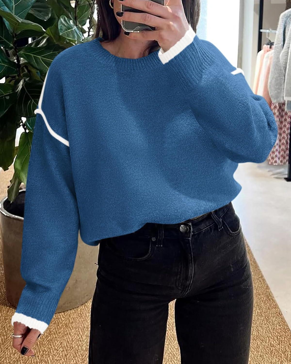 imageBTFBM Fall Sweaters for Women 2025 Trendy Casual Crew Neck Long Sleeve Loose Ribbed Knit Sweater Pullover Jumper TopsSolid Denim Blue