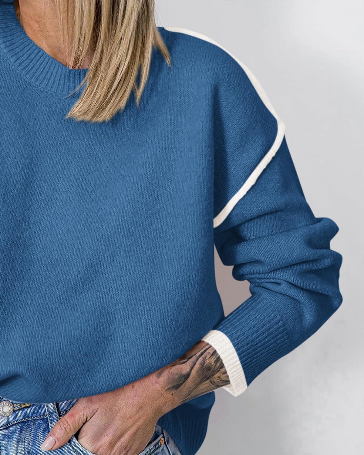 imageBTFBM Fall Sweaters for Women 2025 Trendy Casual Crew Neck Long Sleeve Loose Ribbed Knit Sweater Pullover Jumper TopsSolid Denim Blue