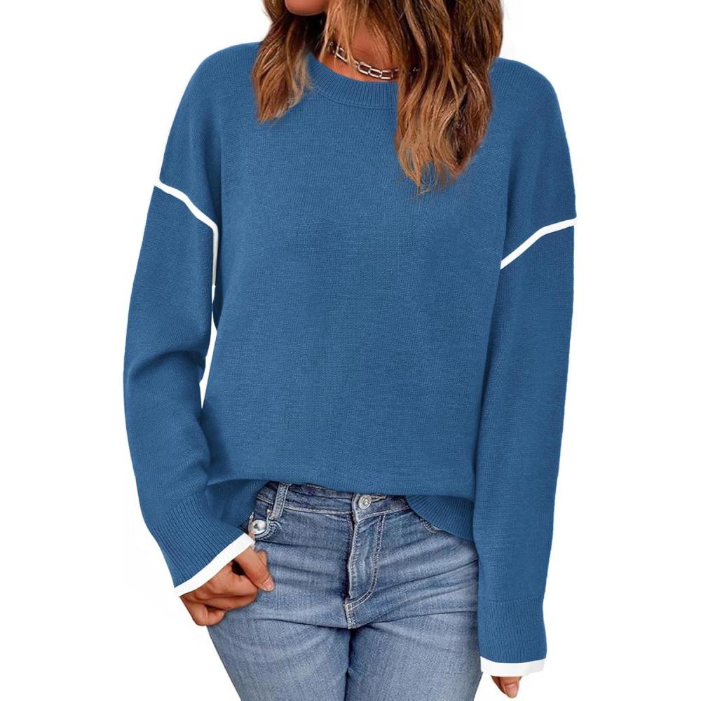 imageBTFBM Fall Sweaters for Women 2025 Trendy Casual Crew Neck Long Sleeve Loose Ribbed Knit Sweater Pullover Jumper TopsSolid Denim Blue
