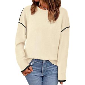 BTFBM Fall Sweaters for Women 2025 Trendy Casual Crew Neck Long Sleeve Loose Ribbed Knit Sweater Pullover Jumper Tops(Solid Beige)