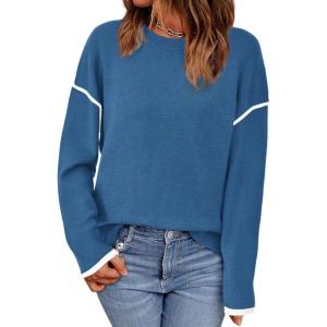 BTFBM Fall Sweaters for Women 2025 Trendy Casual Crew Neck Long Sleeve Loose Ribbed Knit Sweater Pullover Jumper Tops(Solid Denim Blue)
