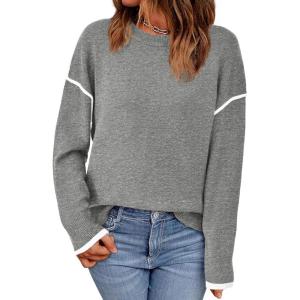 BTFBM Fall Sweaters for Women 2025 Trendy Casual Crew Neck Long Sleeve Loose Ribbed Knit Sweater Pullover Jumper Tops(Solid Grey)