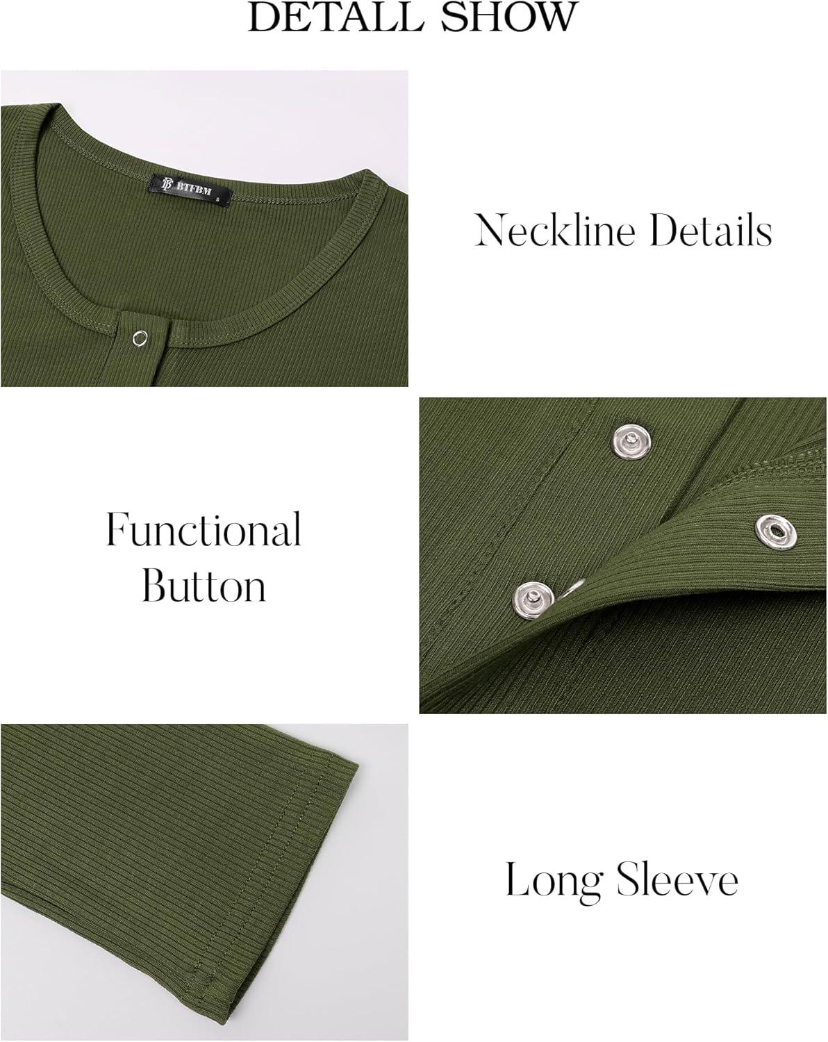 imageBTFBM Women Long Sleeve Shirts Fall Tops V Neck Button Up Henley Shirts Slim Fit Ribbed Knit Spring Casual TShirts 2026Army Green
