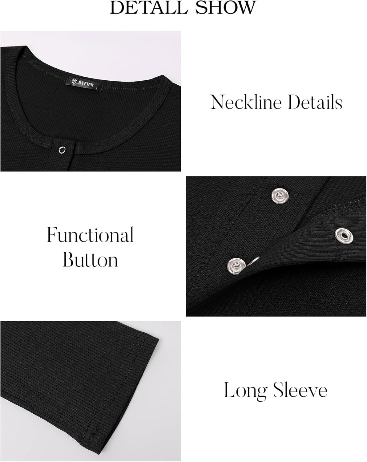 imageBTFBM Women Long Sleeve Shirts Fall Tops V Neck Button Up Henley Shirts Slim Fit Ribbed Knit Spring Casual TShirts 2026Black