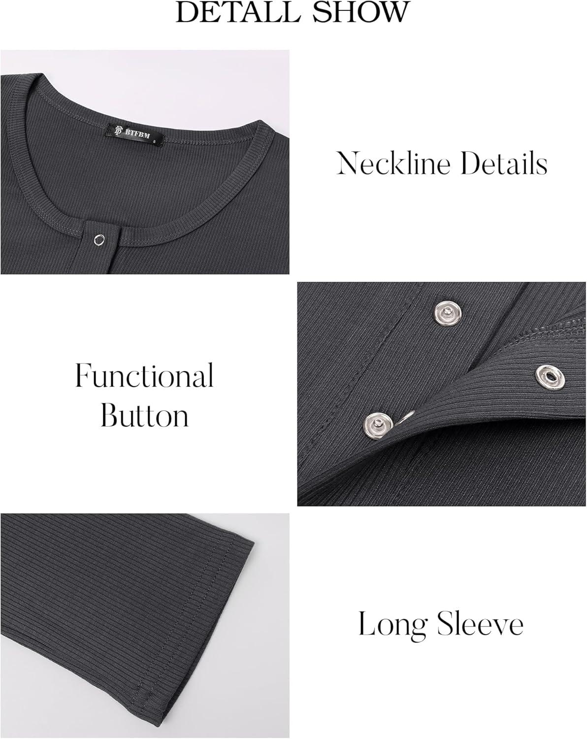 imageBTFBM Women Long Sleeve Shirts Fall Tops V Neck Button Up Henley Shirts Slim Fit Ribbed Knit Spring Casual TShirts 2026Black Grey