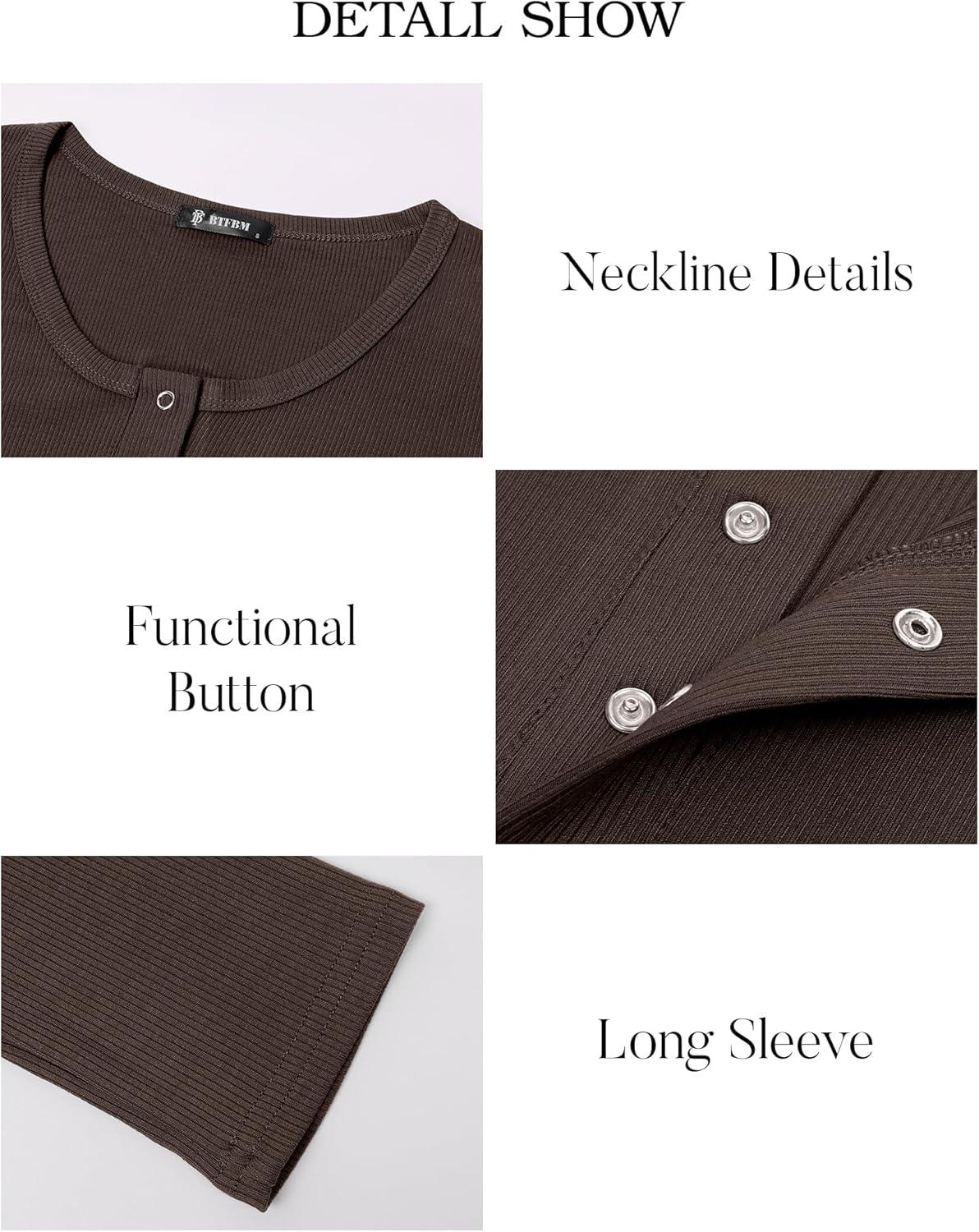 imageBTFBM Women Long Sleeve Shirts Fall Tops V Neck Button Up Henley Shirts Slim Fit Ribbed Knit Spring Casual TShirts 2026Coffee