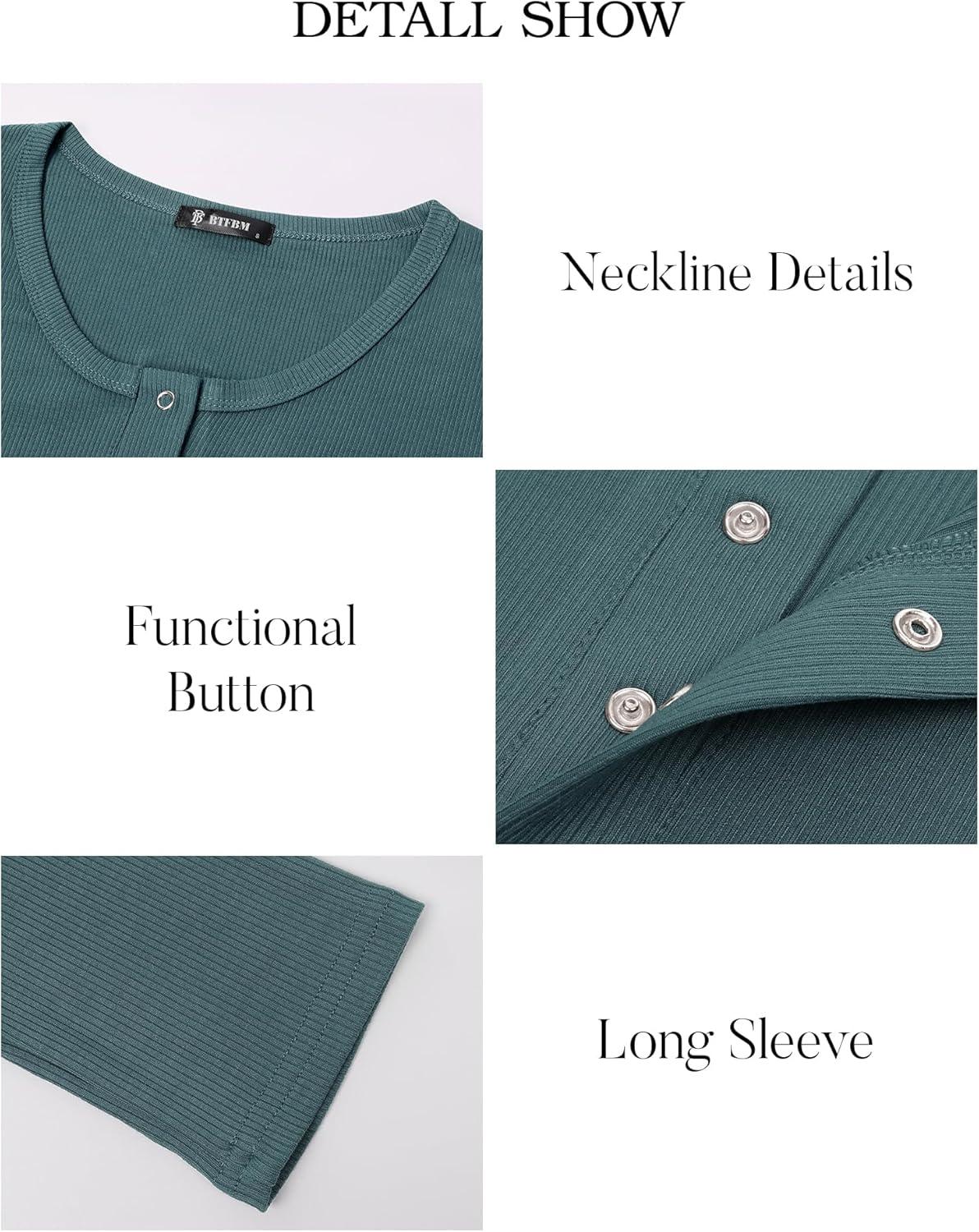 imageBTFBM Women Long Sleeve Shirts Fall Tops V Neck Button Up Henley Shirts Slim Fit Ribbed Knit Spring Casual TShirts 2026Dark Grey Blue