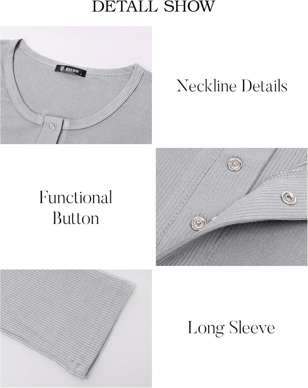 imageBTFBM Women Long Sleeve Shirts Fall Tops V Neck Button Up Henley Shirts Slim Fit Ribbed Knit Spring Casual TShirts 2026Grey