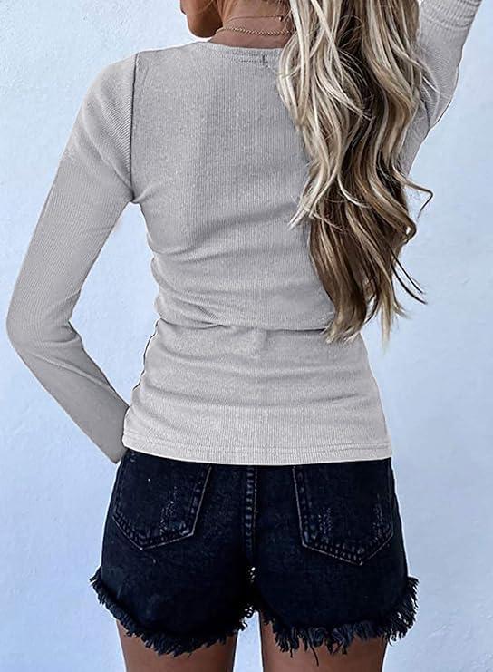 imageBTFBM Women Long Sleeve Shirts Fall Tops V Neck Button Up Henley Shirts Slim Fit Ribbed Knit Spring Casual TShirts 2026Grey