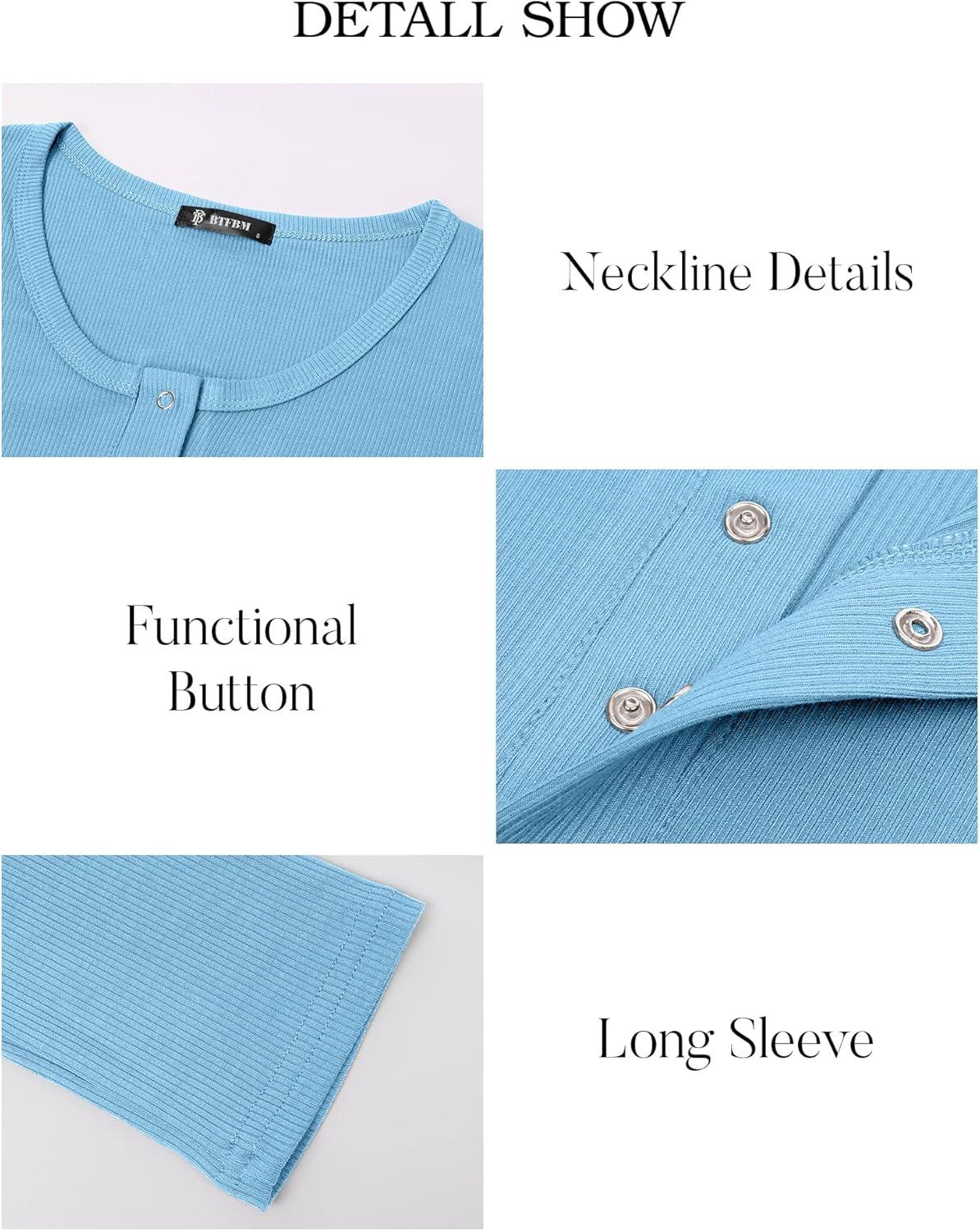 imageBTFBM Women Long Sleeve Shirts Fall Tops V Neck Button Up Henley Shirts Slim Fit Ribbed Knit Spring Casual TShirts 2026Light Blue