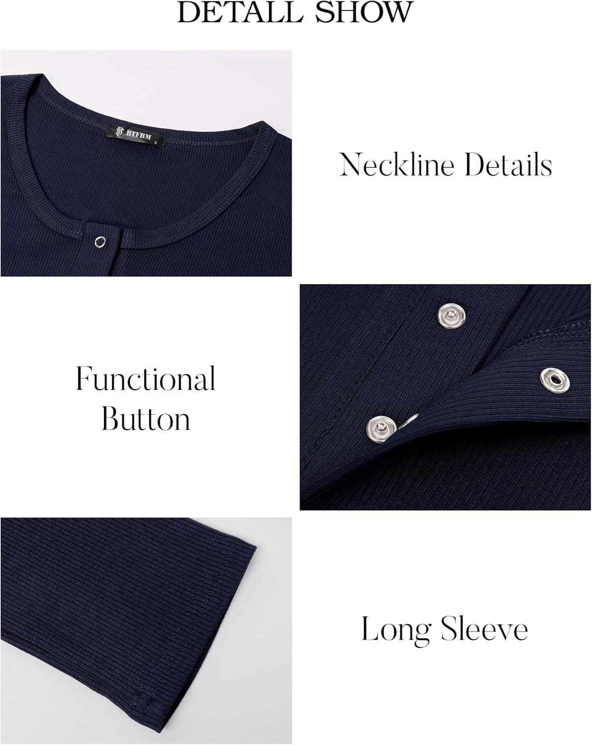 imageBTFBM Women Long Sleeve Shirts Fall Tops V Neck Button Up Henley Shirts Slim Fit Ribbed Knit Spring Casual TShirts 2026Navy