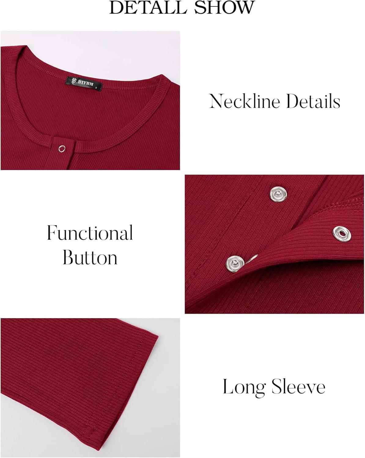 imageBTFBM Women Long Sleeve Shirts Fall Tops V Neck Button Up Henley Shirts Slim Fit Ribbed Knit Spring Casual TShirts 2026Red