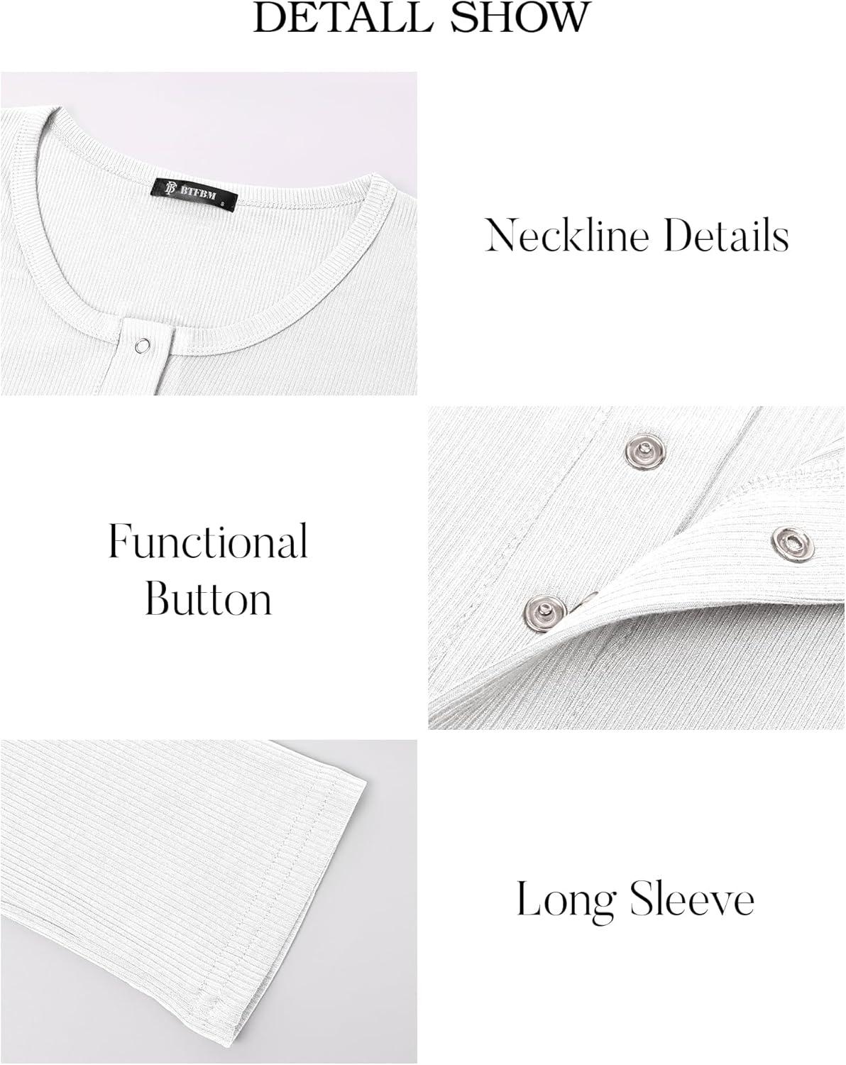imageBTFBM Women Long Sleeve Shirts Fall Tops V Neck Button Up Henley Shirts Slim Fit Ribbed Knit Spring Casual TShirts 2026White