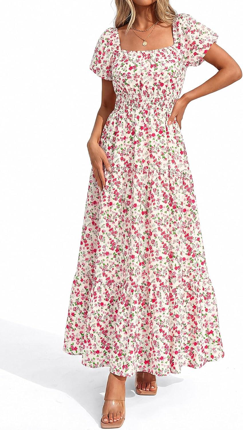 imageBTFBM Summer Dress for Women 2026 Spring Floral Short Sleeve Square Neck Casual Flowy ALine Smocked Tiered Maxi DressesFloral Apricot Red
